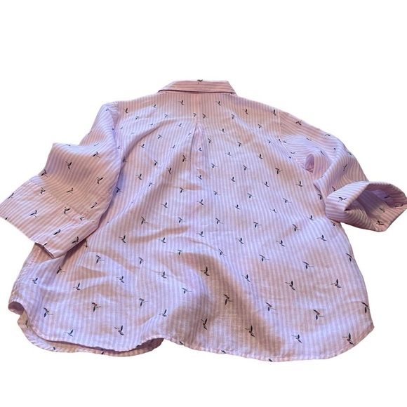 Chico's Linen Pink White Stripe Hummingbird 3/4 Sleeve Button Down Size 2/Large - Picture 11 of 13